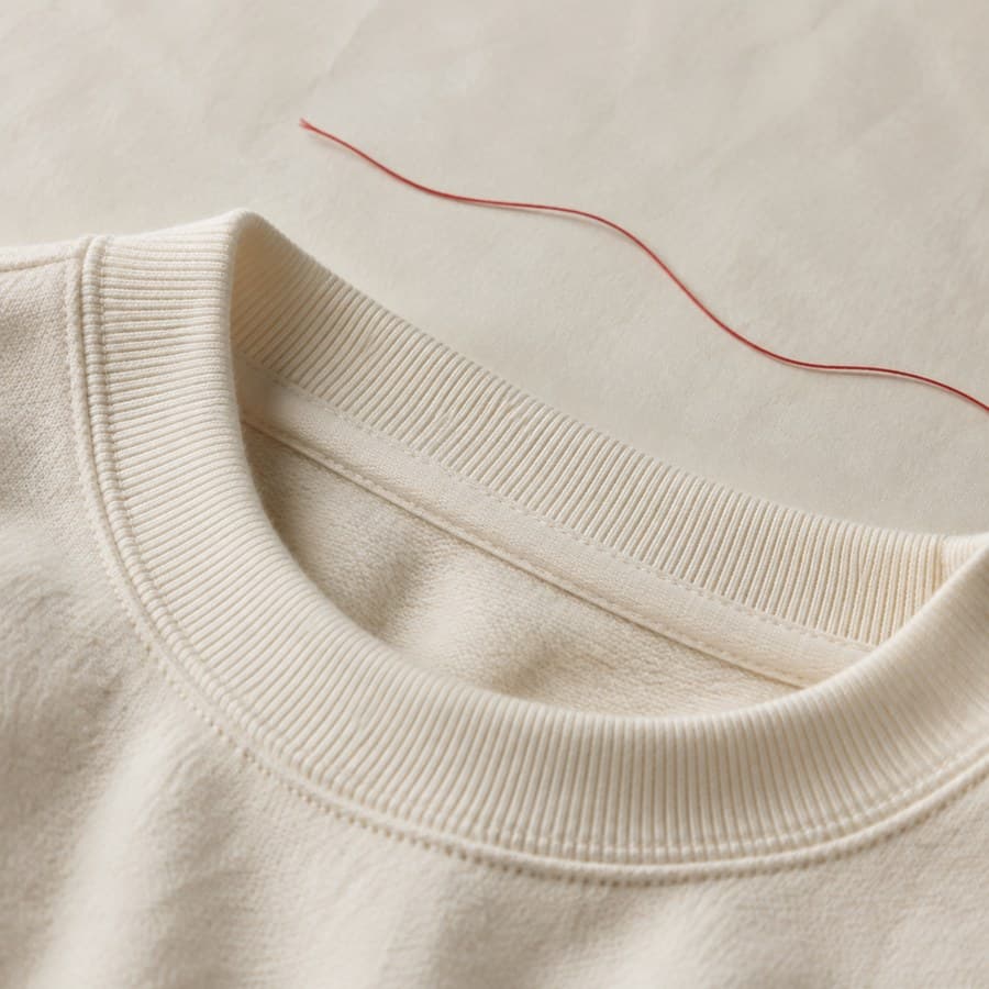 Ribbed crew neckline photographed from above, a single red thread beside it