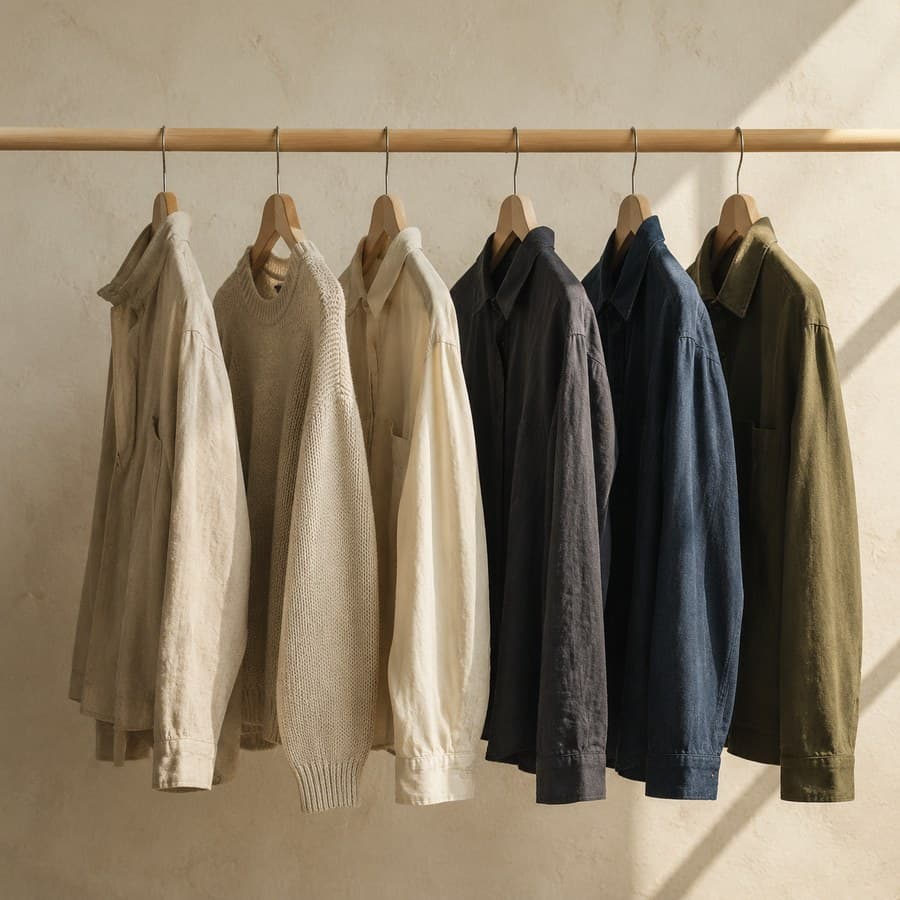 Six garments hanging evenly spaced on a plain rail