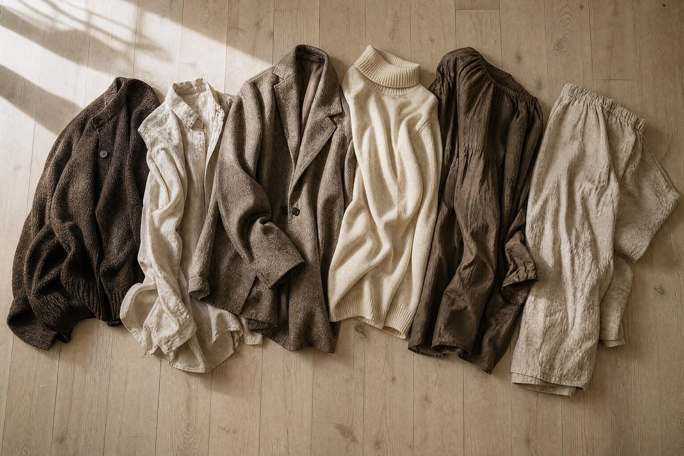 Six garments pulled out and laid in a loose row on a pale wooden floor