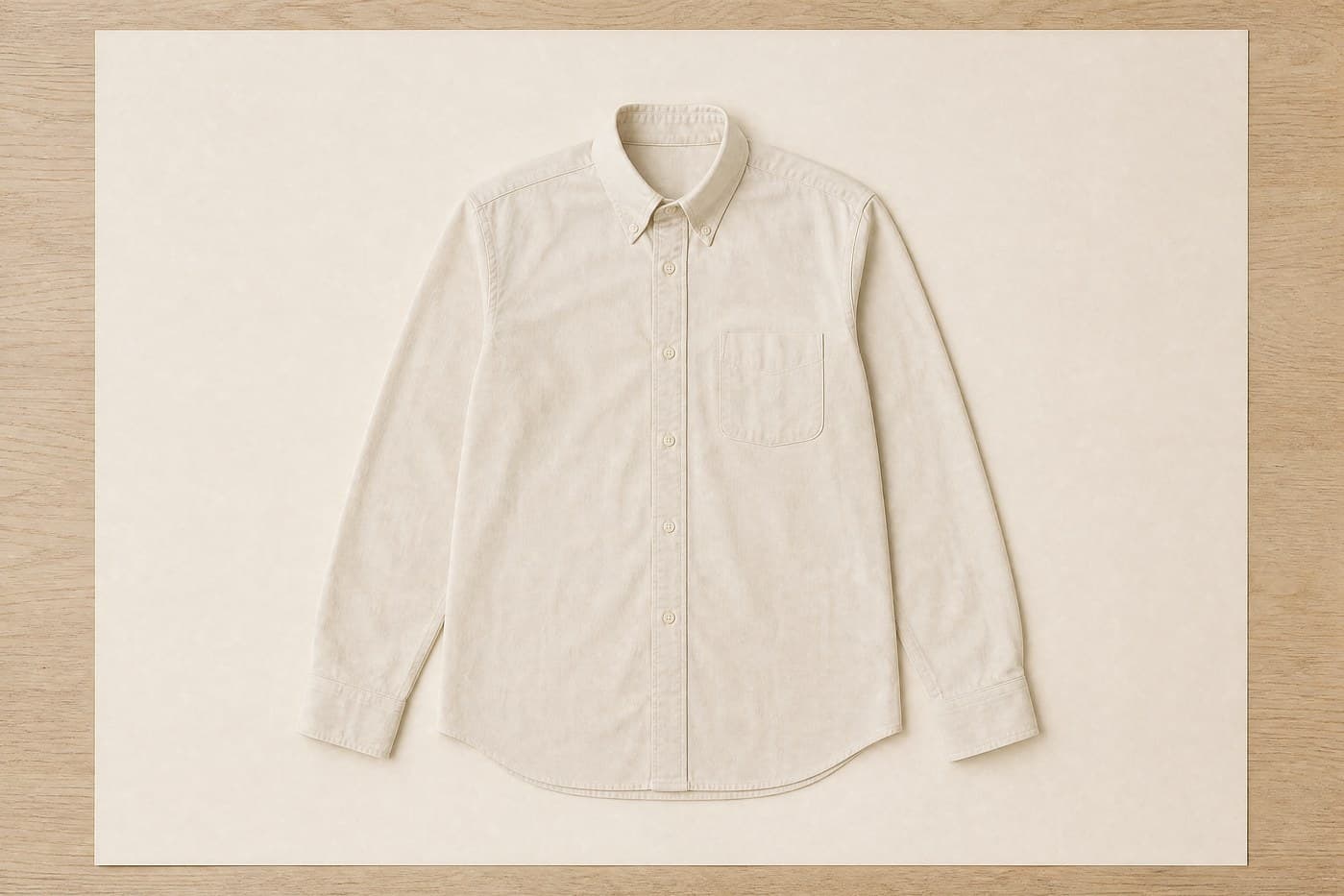 One shirt laid flat and squared on a large sheet of paper