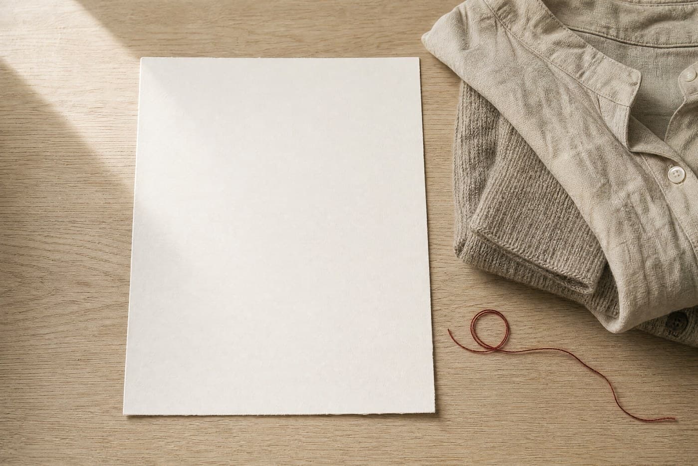 A blank sheet of heavy paper beside two folded garments and a red thread