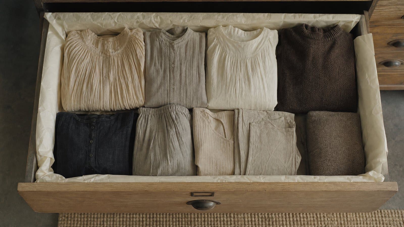 An open archival drawer of neatly folded garments in muted tones, seen from above
